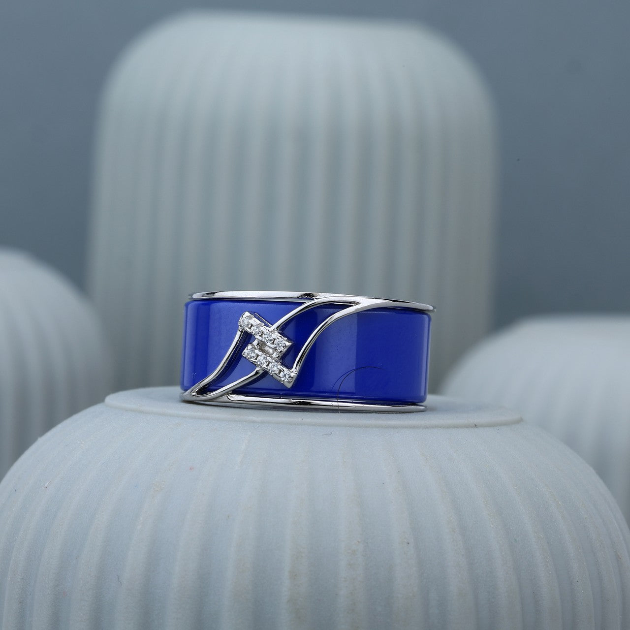 Blue Enamel Modern Silver Ring