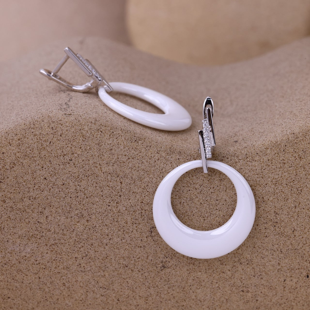 Triple-Bar Sparkle Ceramic Earrings- Silver Finish