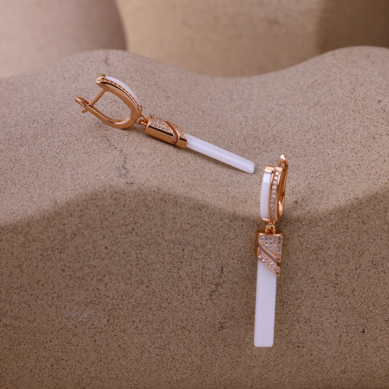 Elegant White Ceramic Long Drop Earrings In Rose Silver With Crystal Accents