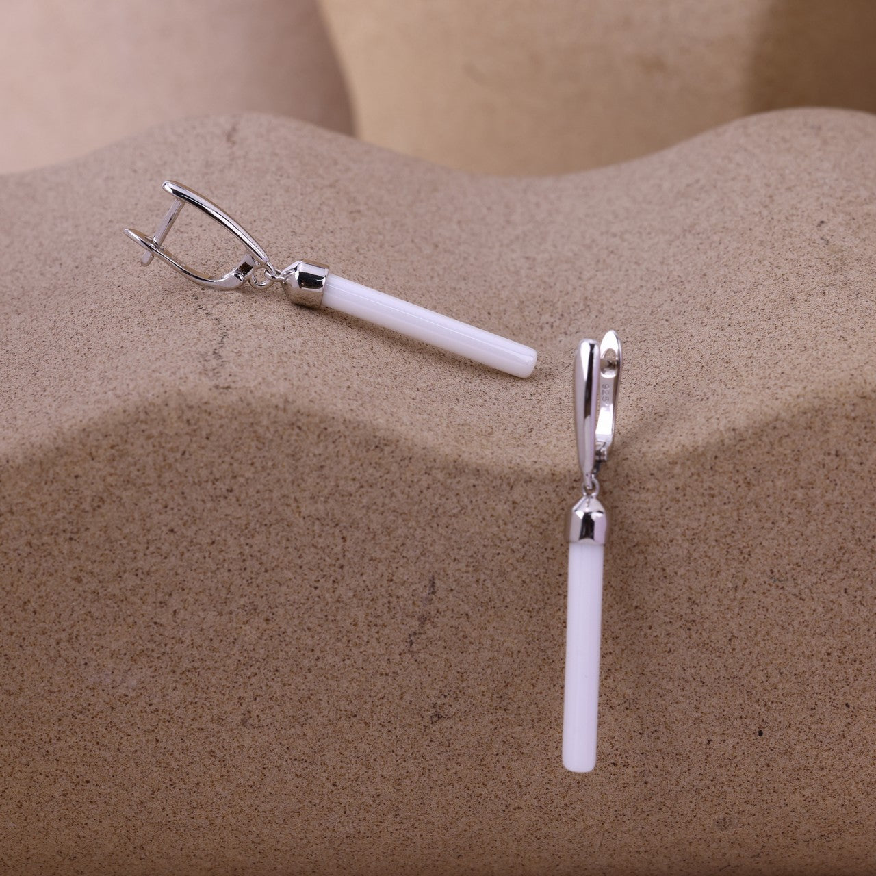 Elegant White Ceramic Drop Earrings- Sterling Silver Minimal Chic