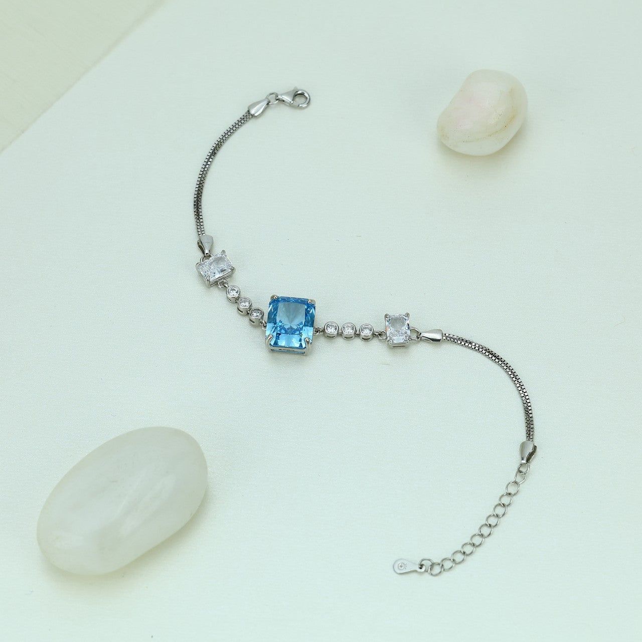 92.5 Sterling Silver Bracelet with Rectangular Light Blue Center Stone