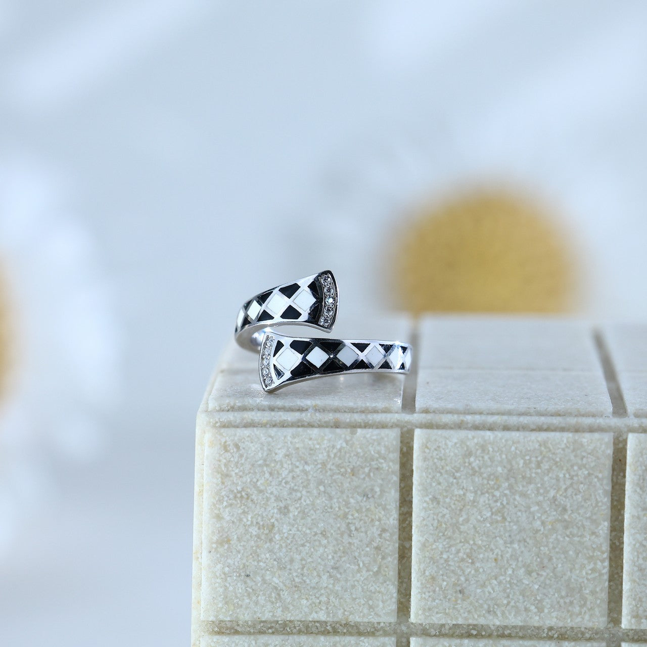 92.5 Sterling Silver Geometric Open Band Ring with Black & White Enamel Detailing