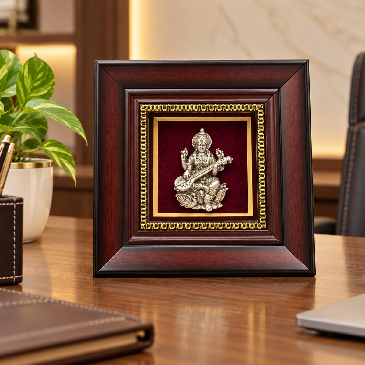 Divine 925 Silver Sarasvati Ji Premium Wooden Frame Showpiece