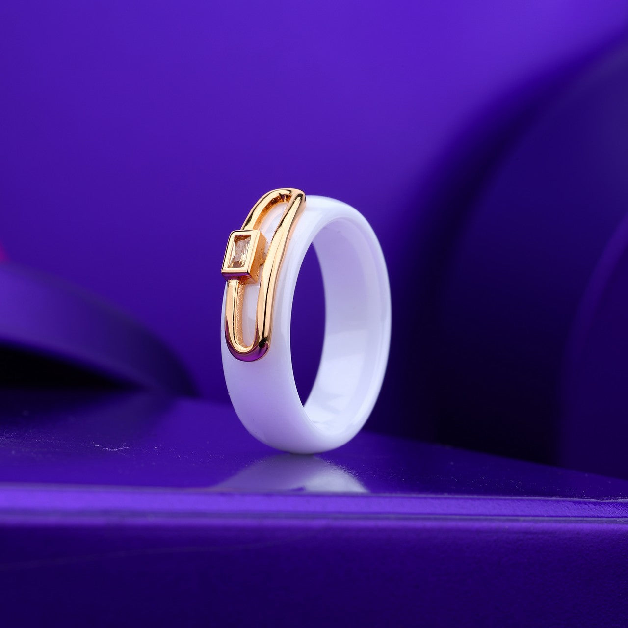 Modern Loop Stone White Ceramic Silver-Rose Silver RIng