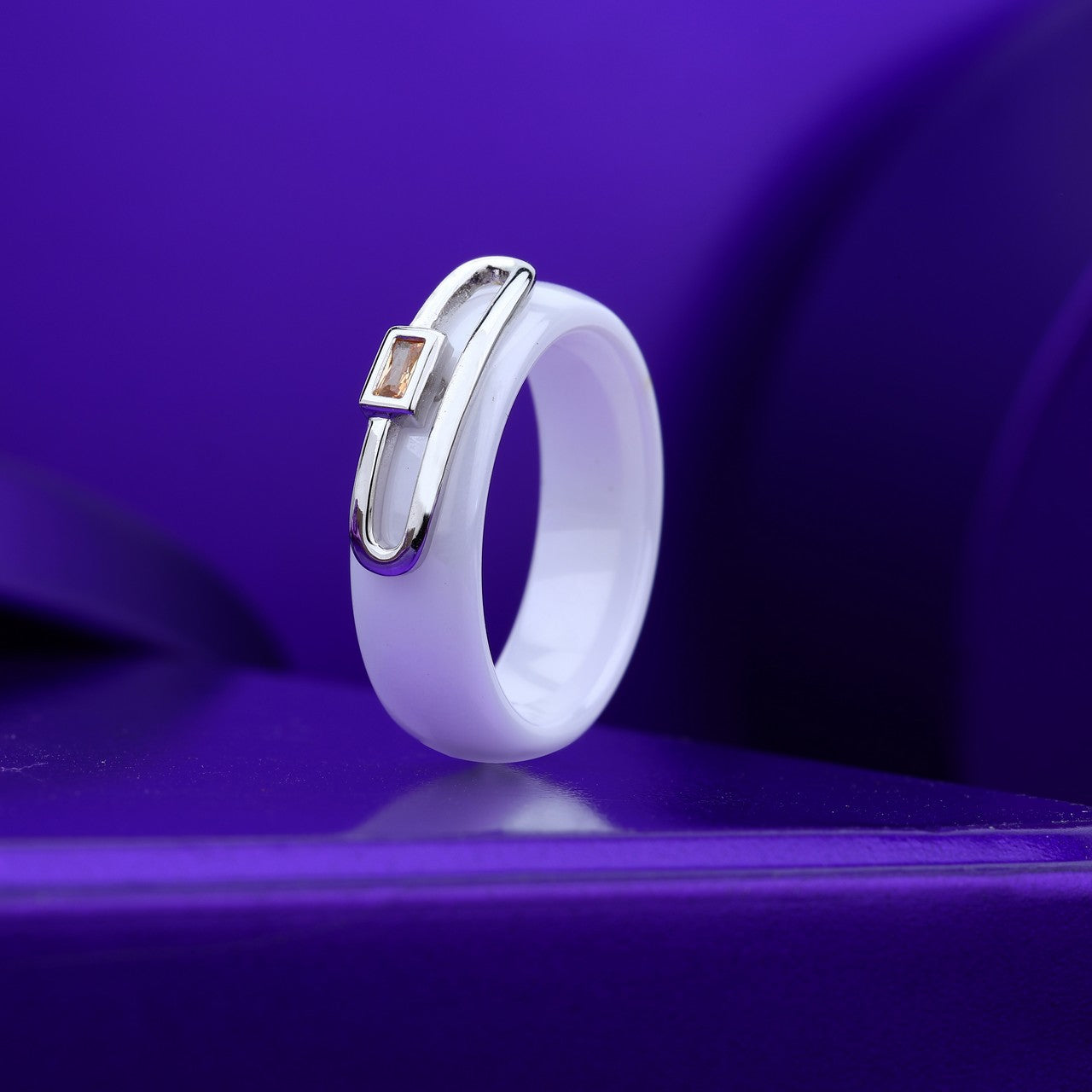 Modern Loop Stone White Ceramic Silver-Rose Silver RIng