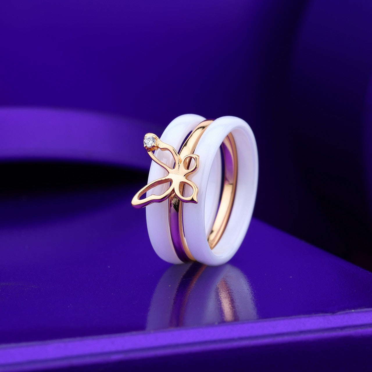 White Ceramic Double Band Ring Set With Butterfly Accent- Silver & Rose