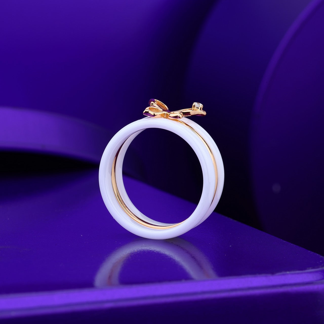 White Ceramic Double Band Ring Set With Butterfly Accent- Silver & Rose