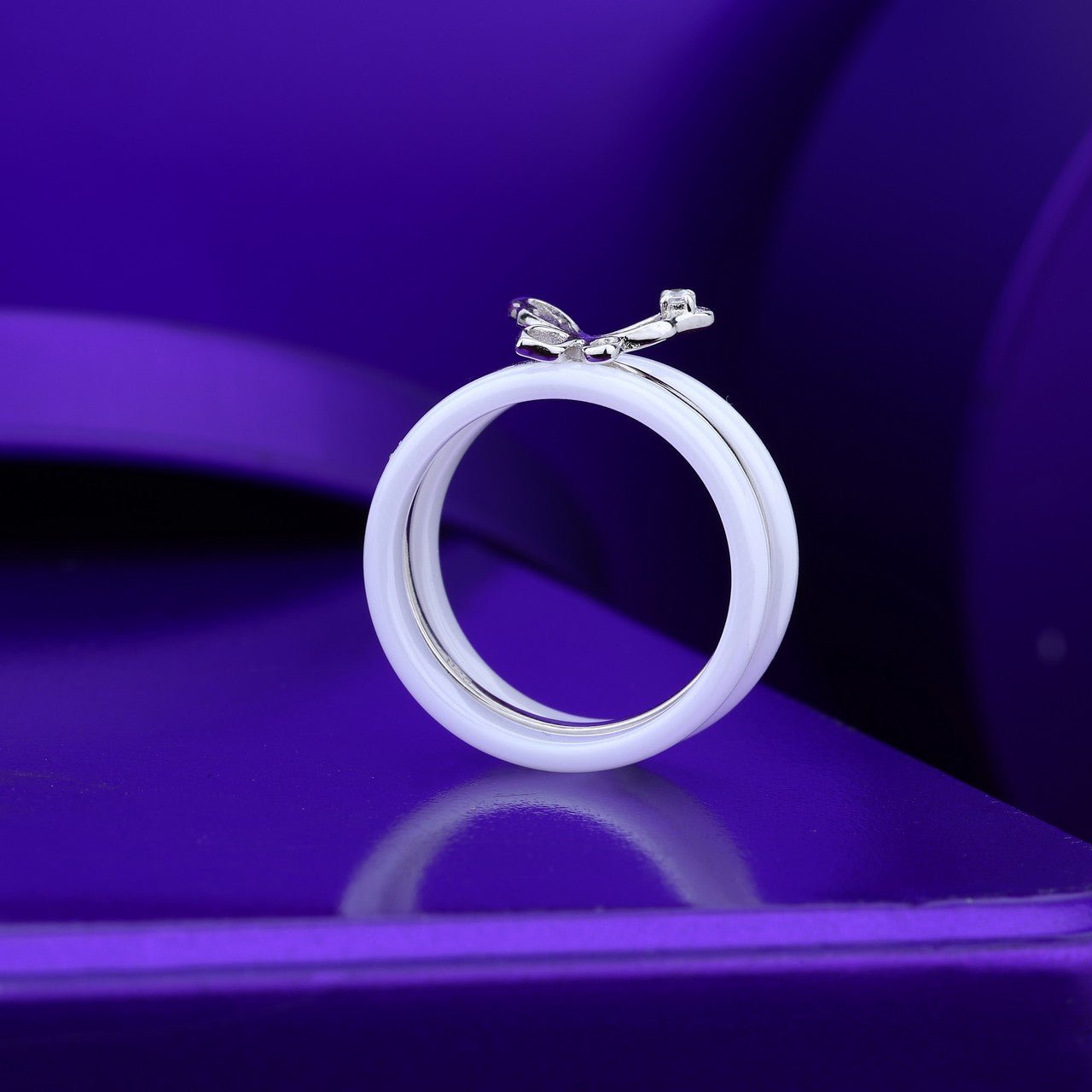 White Ceramic Double Band Ring Set With Butterfly Accent- Silver & Rose