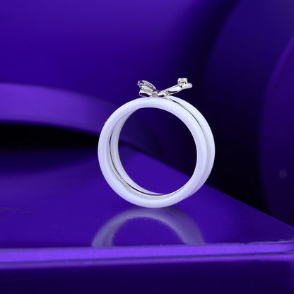 White Ceramic Double Band Ring Set With Butterfly Accent- Silver & Rose