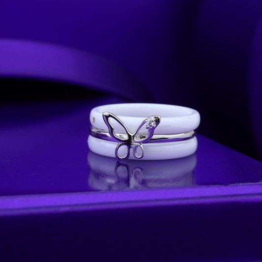 White Ceramic Double Band Ring Set With Butterfly Accent- Silver & Rose