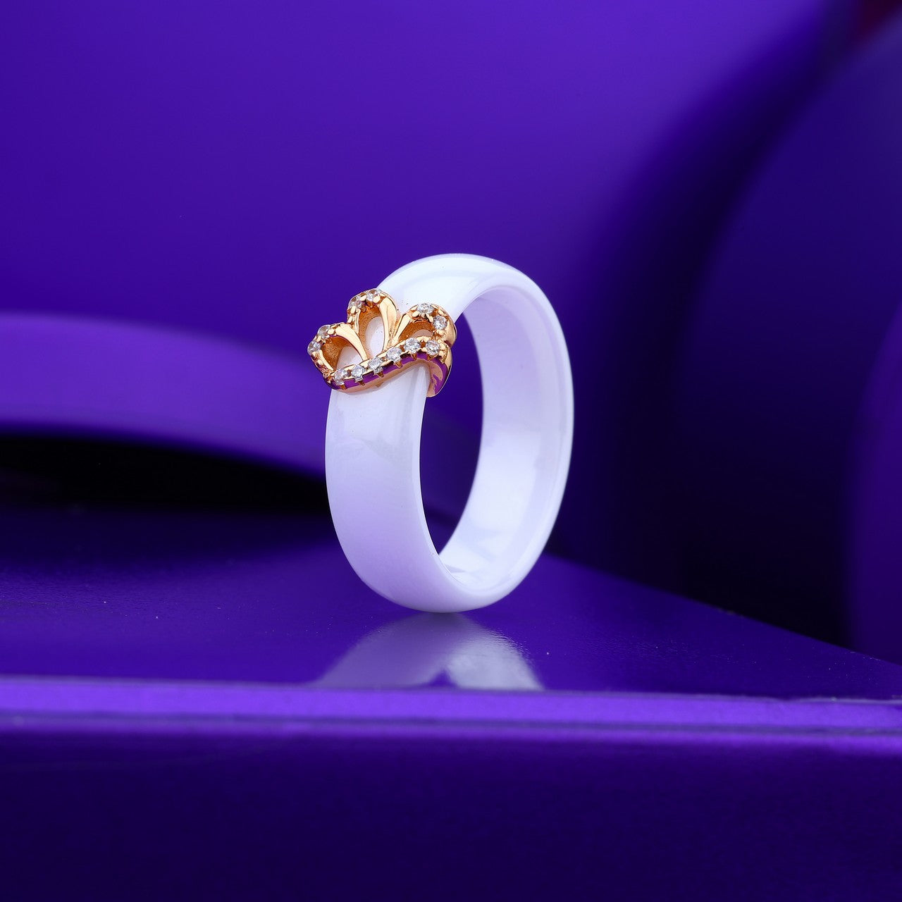 White Ceramic Band Ring With Sparkling Stone Design- Silver & Rose Silver