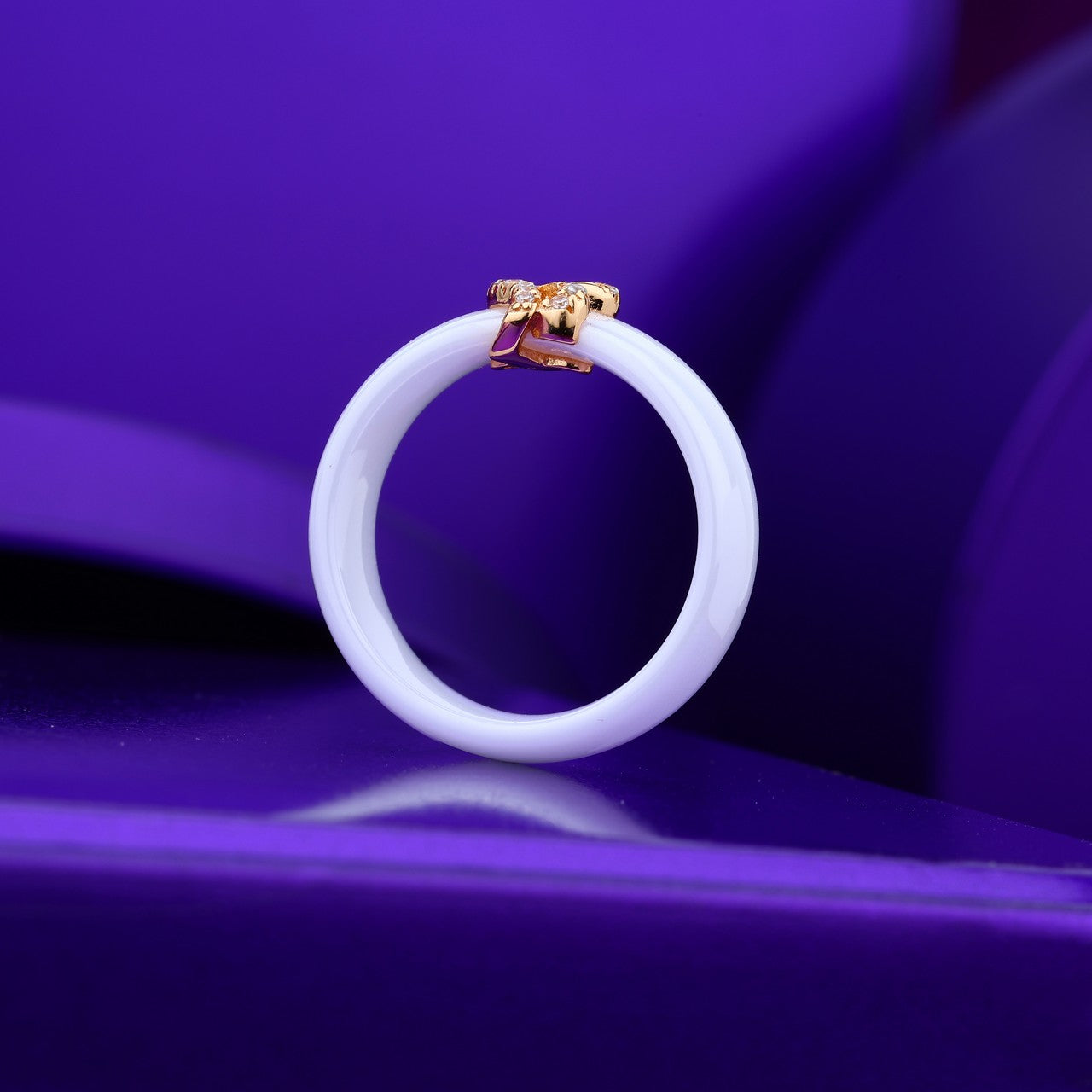 White Ceramic Band Ring With Sparkling Stone Design- Silver & Rose Silver