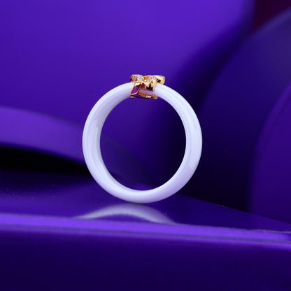 White Ceramic Band Ring With Sparkling Stone Design- Silver & Rose Silver