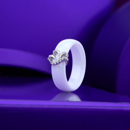 White Ceramic Band Ring With Sparkling Stone Design- Silver & Rose Silver