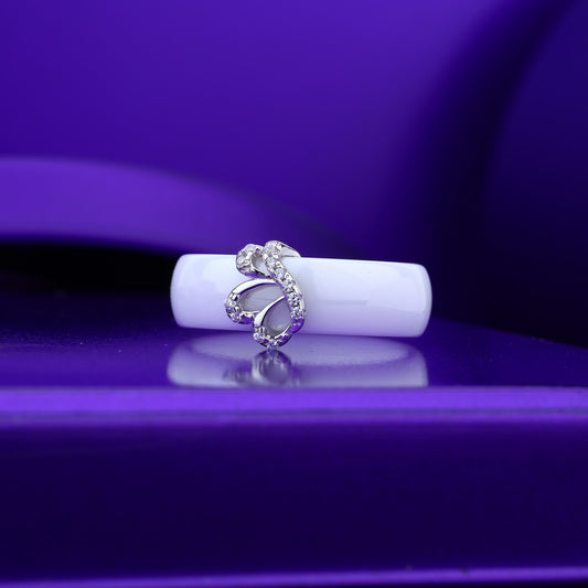 White Ceramic Band Ring With Sparkling Stone Design- Silver & Rose Silver
