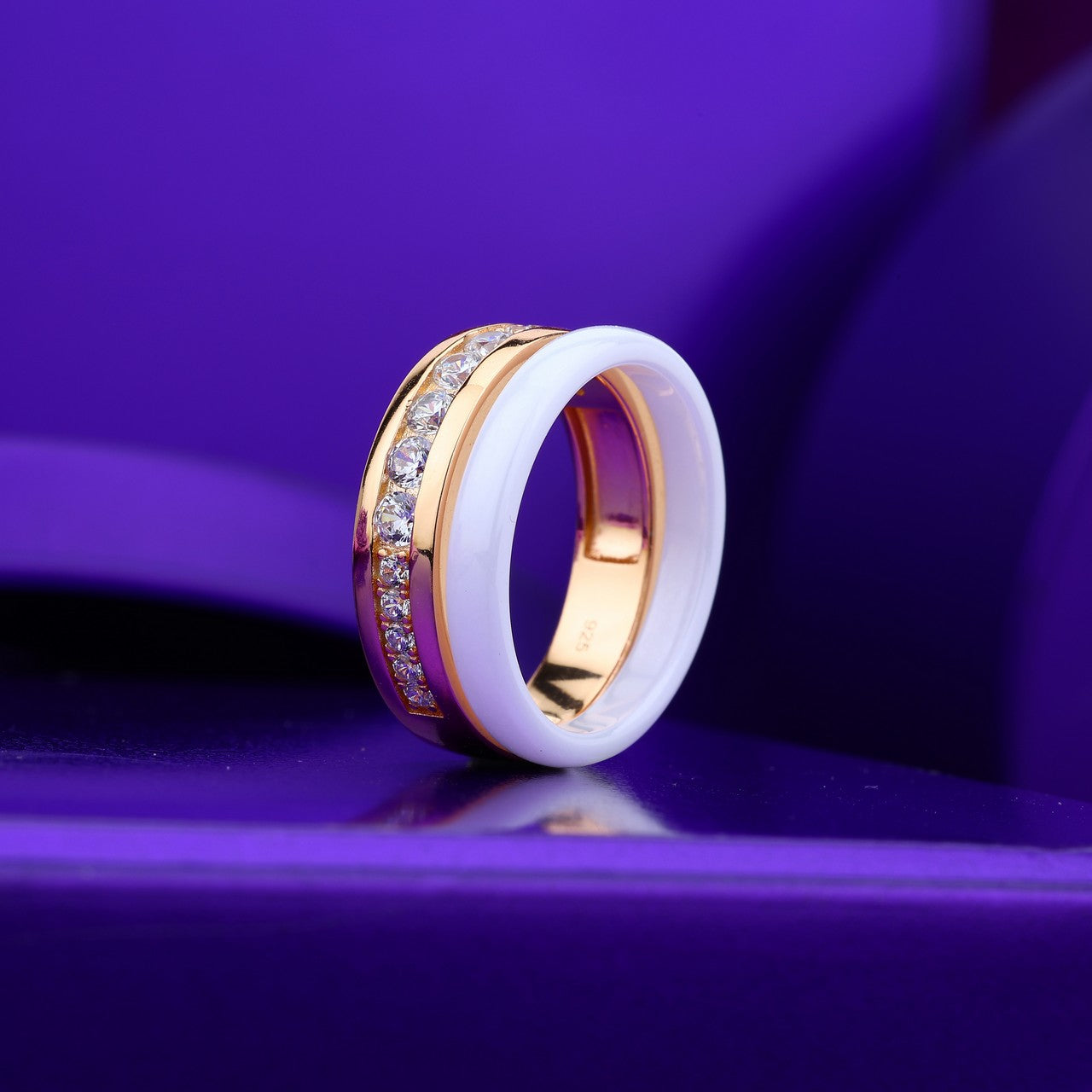 Dual harmony 925 Silver- Rose & Ceramic Dimond Ring