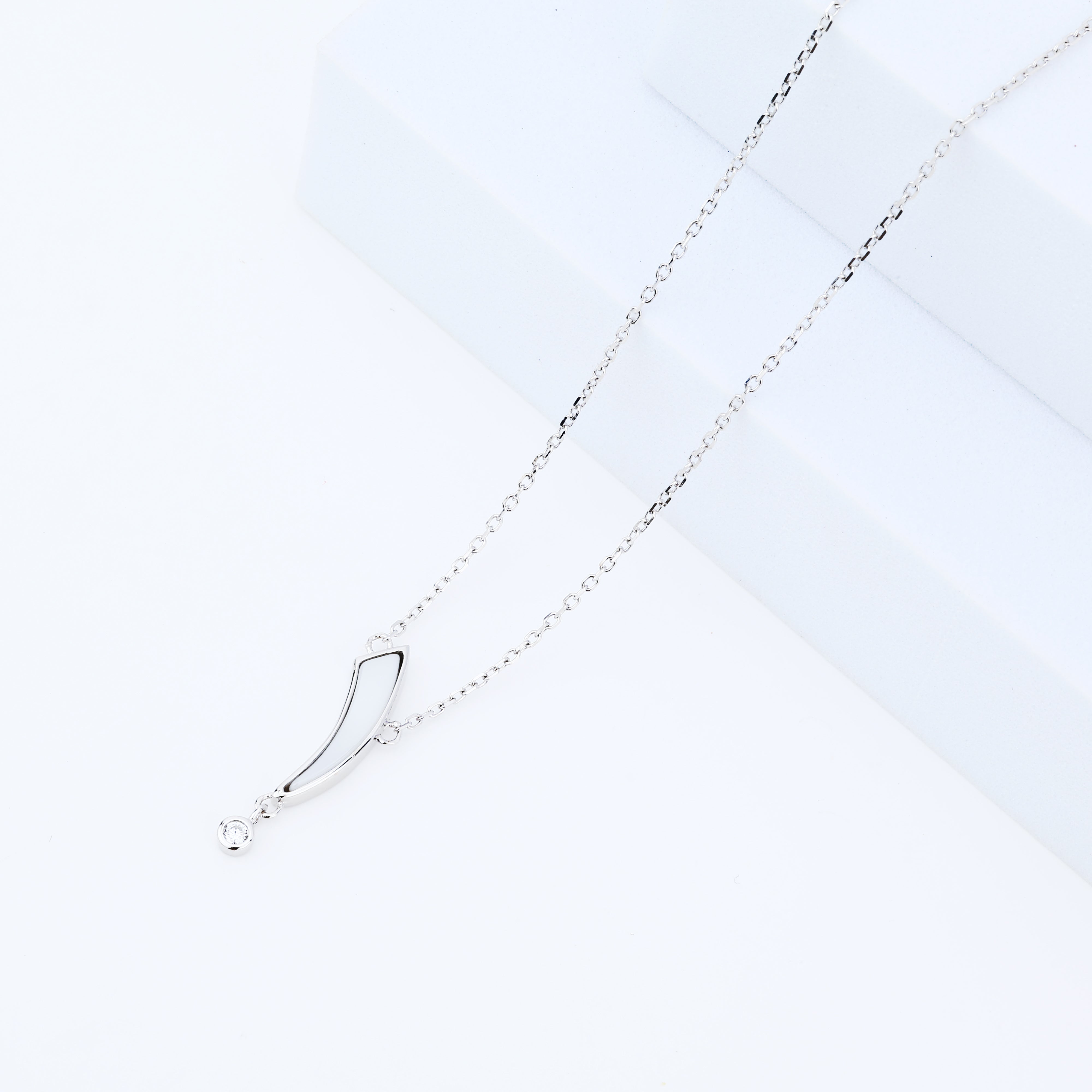 925 Sterling Silver Minimalist Curve Pendant Necklace with CZ Drop