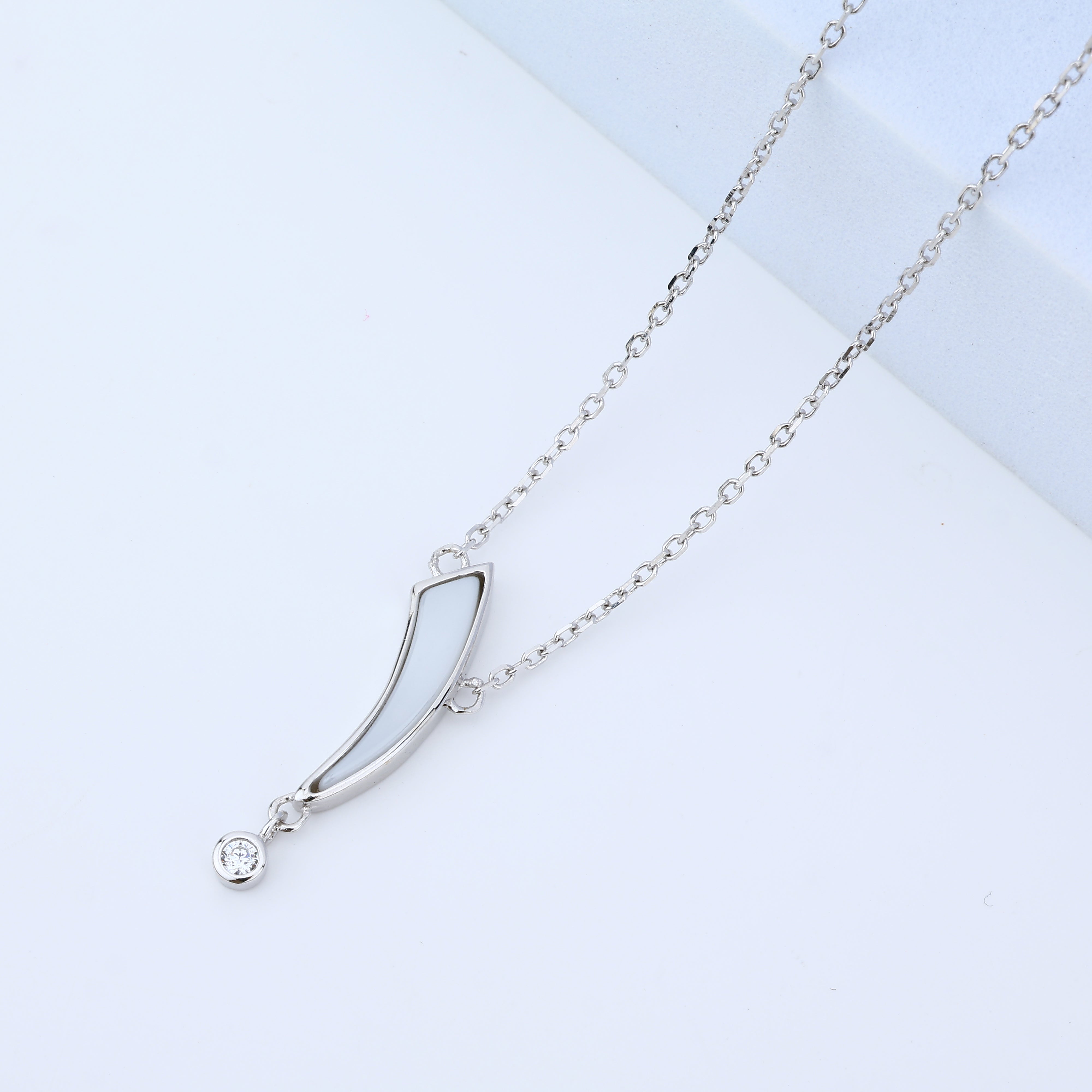 925 Sterling Silver Minimalist Curve Pendant Necklace with CZ Drop