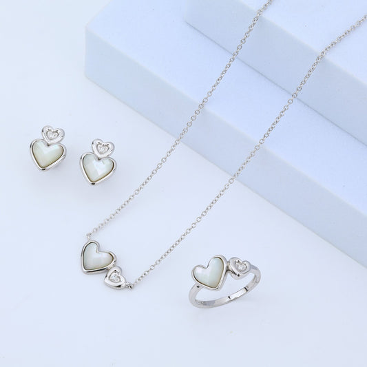 925 Sterling Silver Heart Set with Mother of Pearl – Earrings, Ring & Necklace