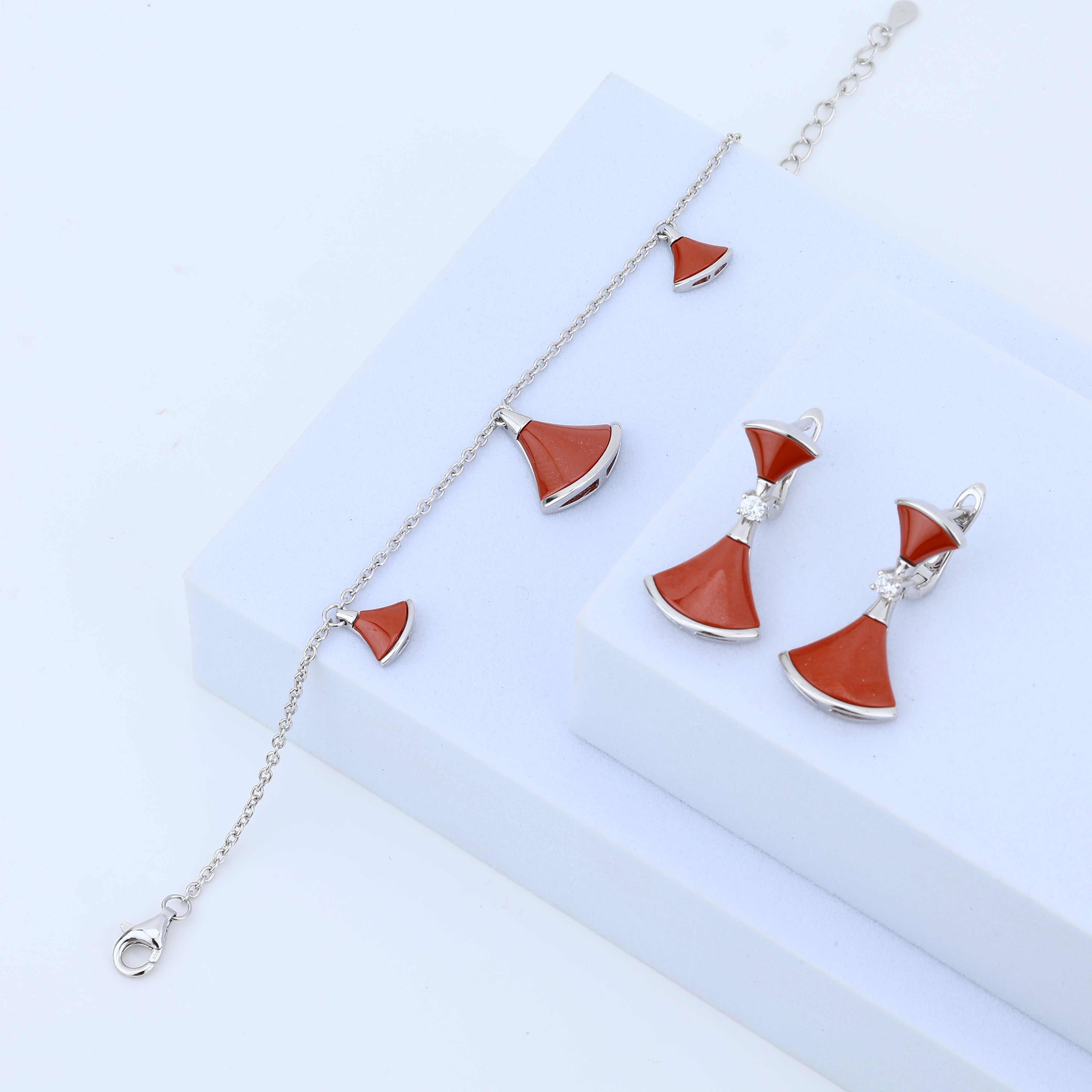 925 Sterling Silver Luxury Enamel Fan-Curve Earrings & Bracelet Set