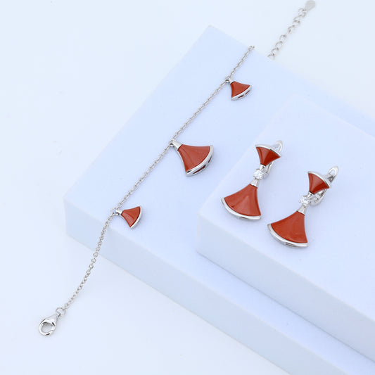 925 Sterling Silver Luxury Enamel Fan-Curve Earrings & Bracelet Set
