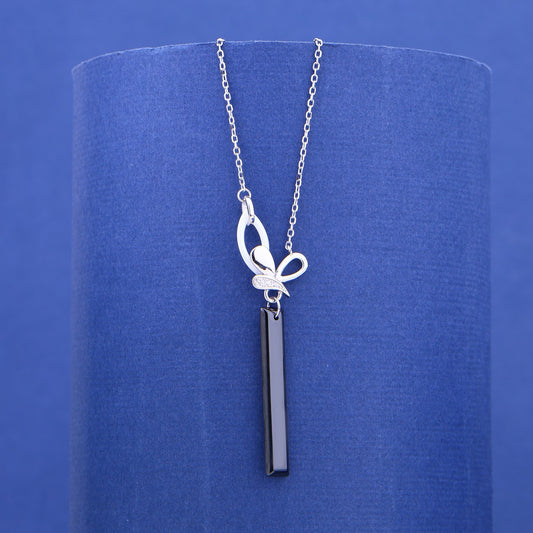 Black Ceramic Ribbon Charm Necklace- 925 Silver