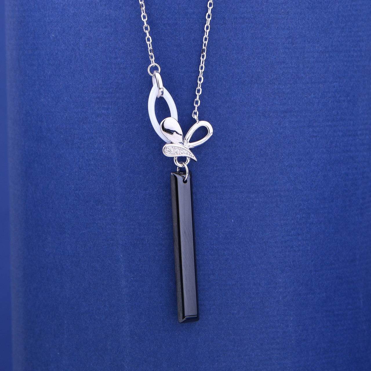 Black Ceramic Ribbon Charm Necklace- 925 Silver