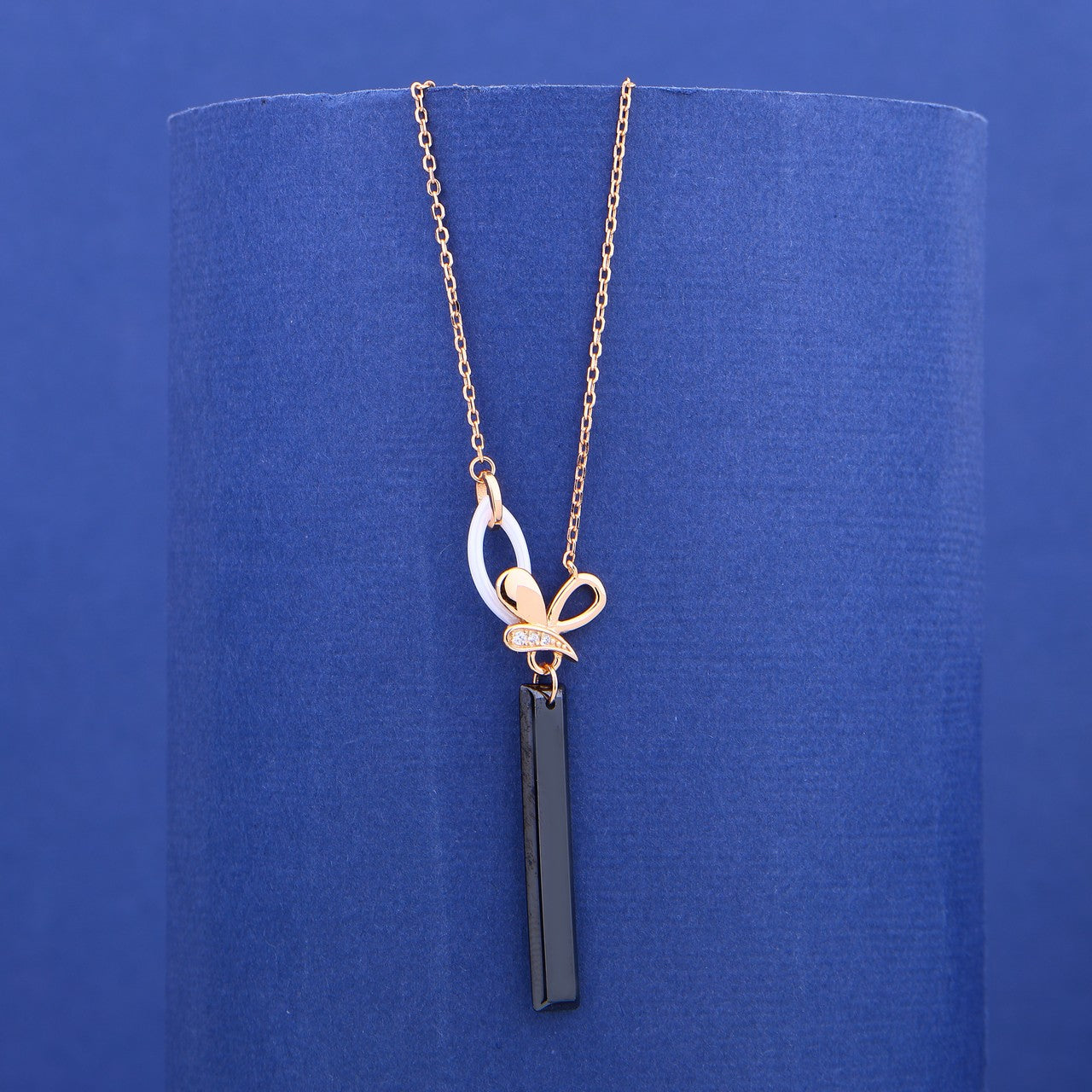 Noir Ribbon Drop- 925 Rose Silver Ceramic Necklace