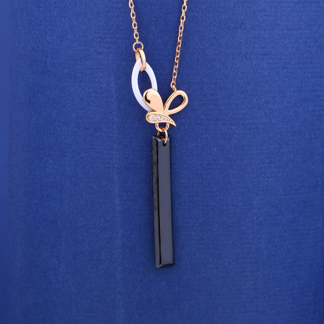 Noir Ribbon Drop- 925 Rose Silver Ceramic Necklace