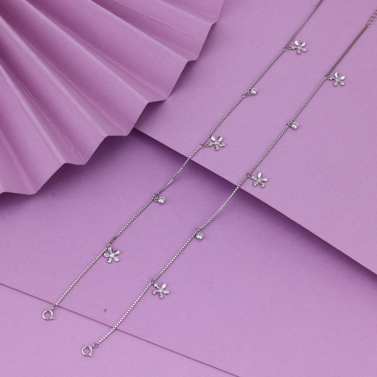 Delicate Silver Flower Charm Anklet | Lightweight Daily Wear Payal