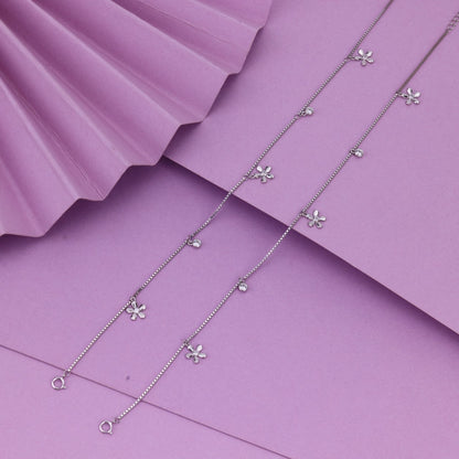 Delicate Silver Flower Charm Anklet | Lightweight Daily Wear Payal
