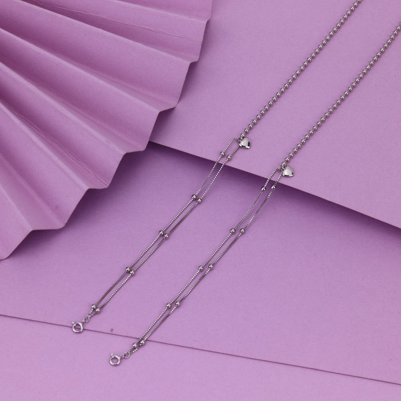 92.5 Silver Heart Charm Anklet- Elegant Double Chain payal For Women