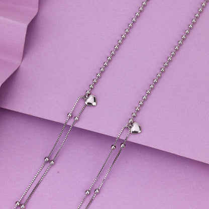 92.5 Silver Heart Charm Anklet- Elegant Double Chain payal For Women