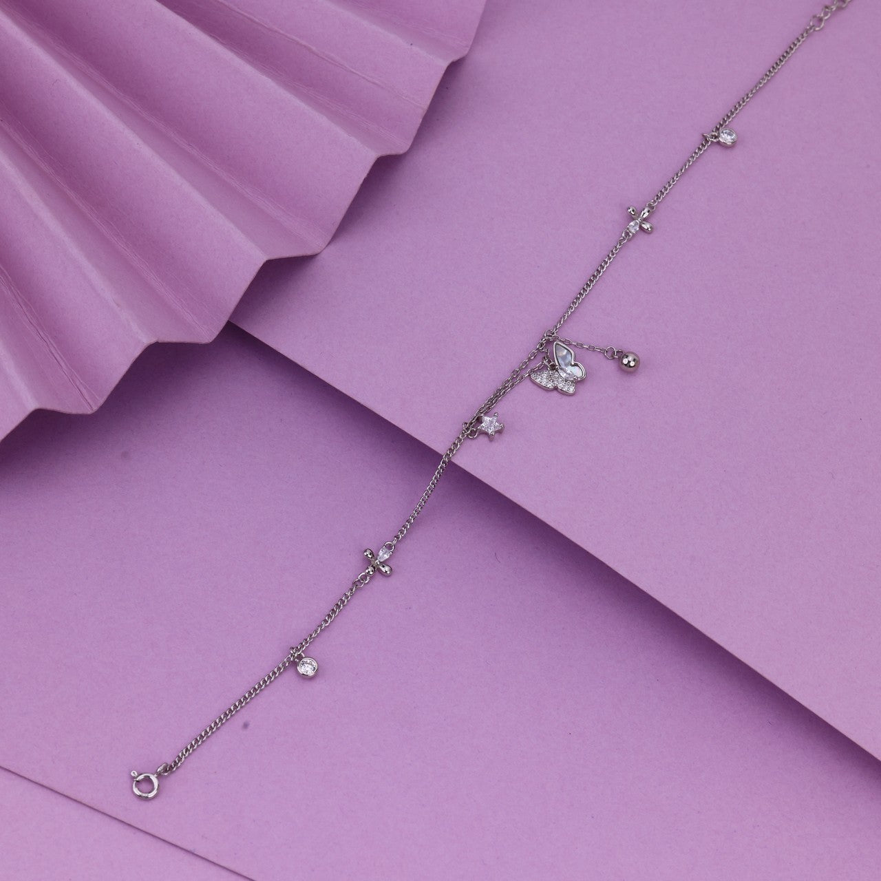 92.5 Silver Butterfly Charm Anklet | Delicate CZ Anklet For Women & Girls