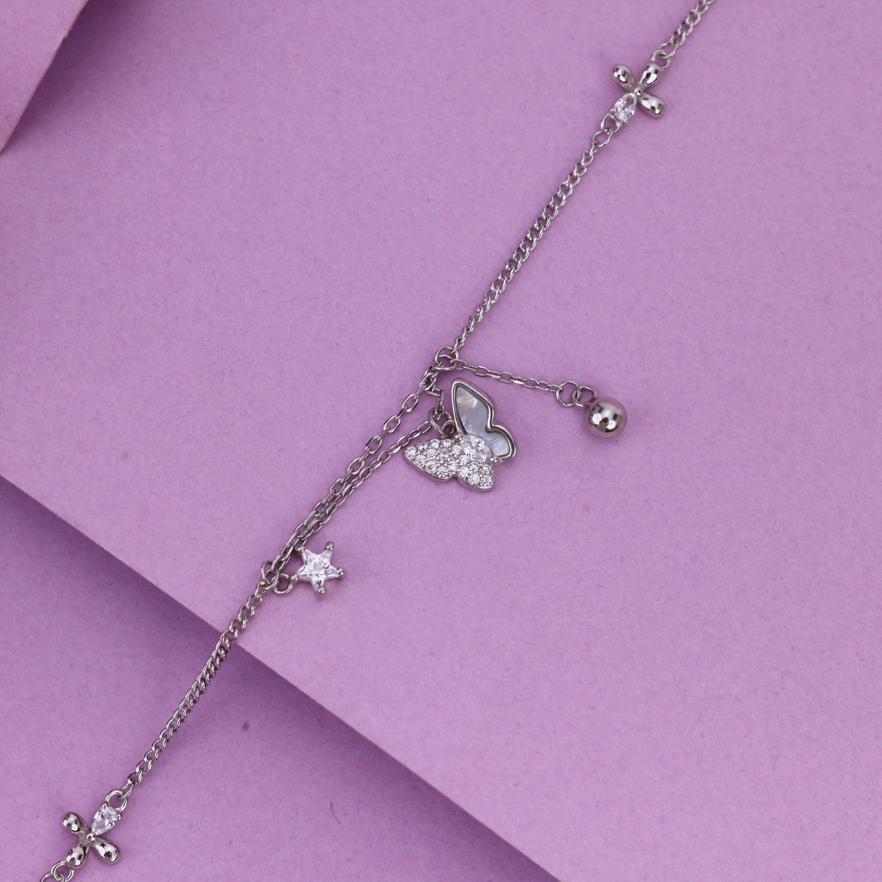 92.5 Silver Butterfly Charm Anklet | Delicate CZ Anklet For Women & Girls