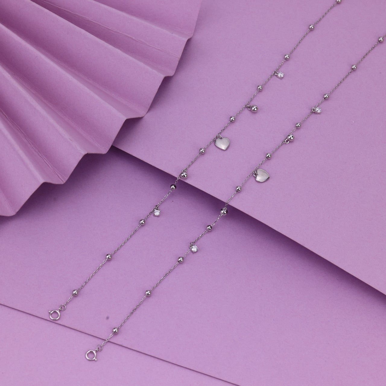 925 Sterling Silver Heart Charm Anklet for Women – Delicate Beaded Chain Payal