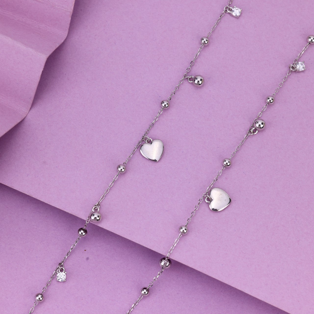 925 Sterling Silver Heart Charm Anklet for Women – Delicate Beaded Chain Payal