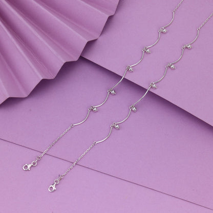925 Sterling Silver Simple Curve Bar Anklet for Women – Minimal Payal with Dangling Beads
