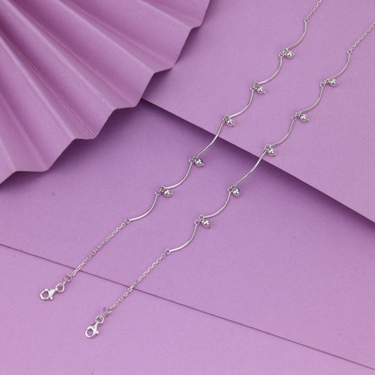 925 Sterling Silver Simple Curve Bar Anklet for Women – Minimal Payal with Dangling Beads