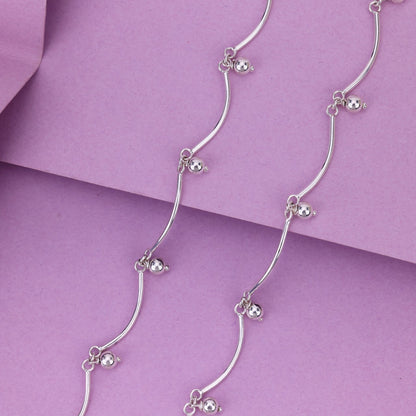 925 Sterling Silver Simple Curve Bar Anklet for Women – Minimal Payal with Dangling Beads