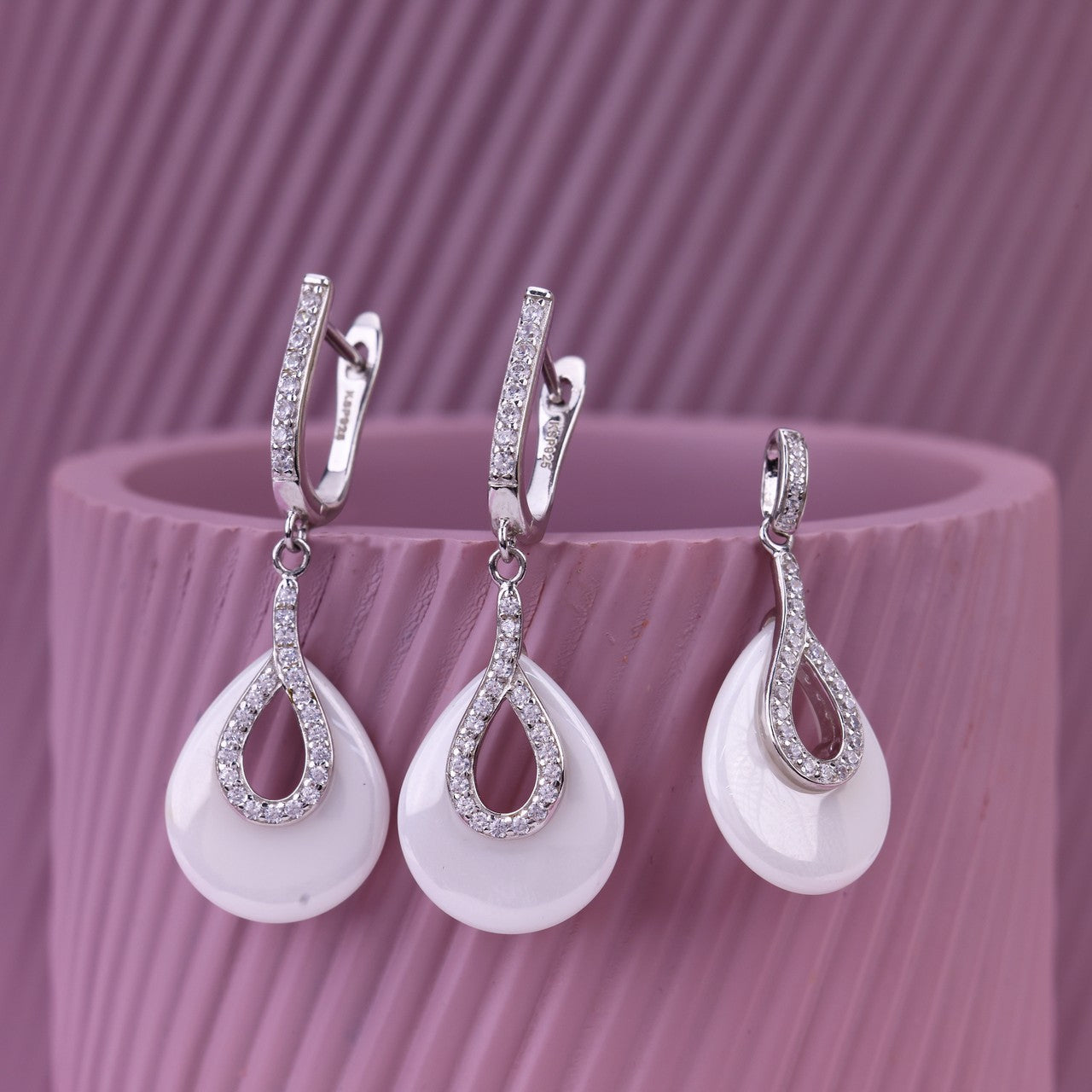 92.5 Silver White Ceramic pendant & Earrings Set | Teardrop CZ Design