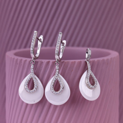 92.5 Silver White Ceramic pendant & Earrings Set | Teardrop CZ Design