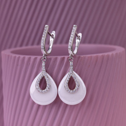 92.5 Silver White Ceramic pendant & Earrings Set | Teardrop CZ Design