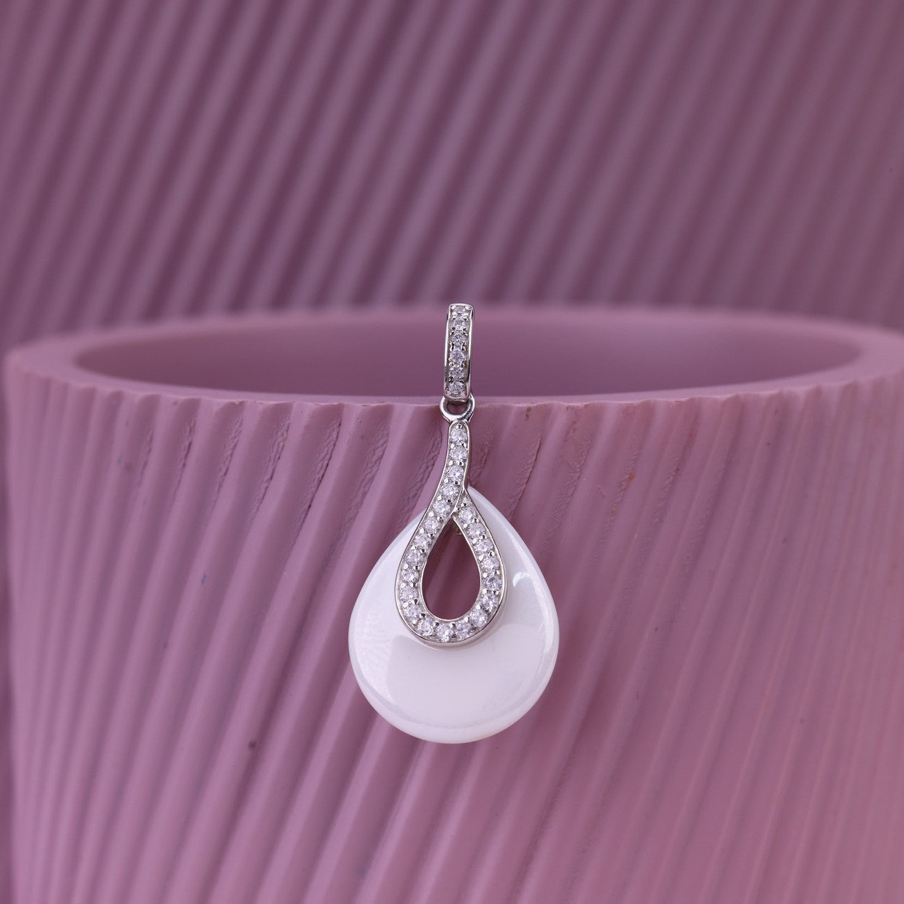 92.5 Silver White Ceramic pendant & Earrings Set | Teardrop CZ Design