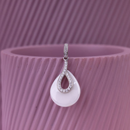 92.5 Silver White Ceramic pendant & Earrings Set | Teardrop CZ Design