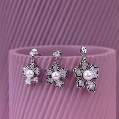 Floral Pearl Pendant Set For Women | Zircon Flower Design Earrings & Pendant