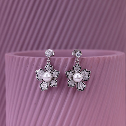 Floral Pearl Pendant Set For Women | Zircon Flower Design Earrings & Pendant