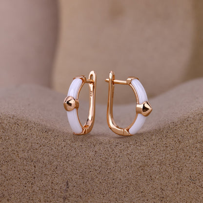 White Ceramic Rose- Tone Lock Hoops- 925 Silver