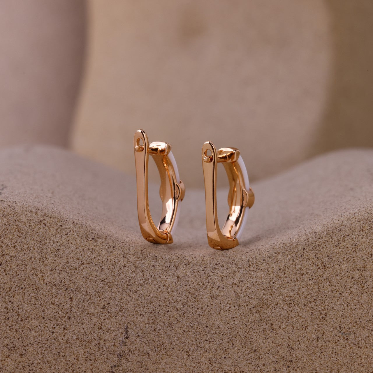 White Ceramic Rose- Tone Lock Hoops- 925 Silver