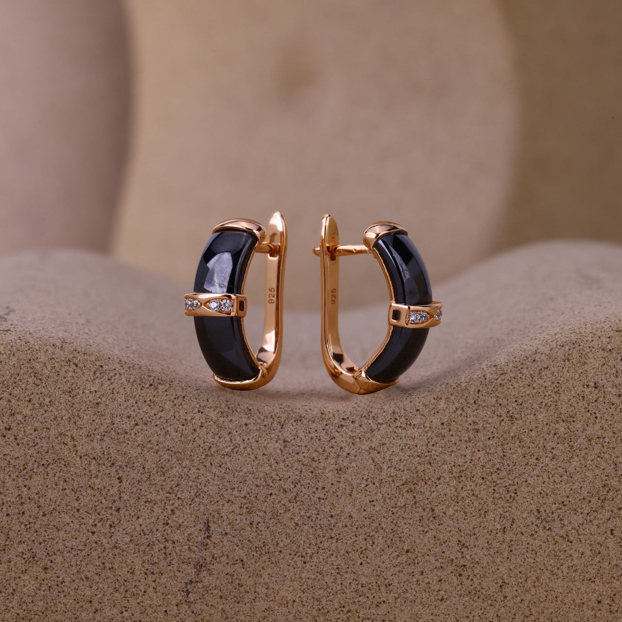 Black Ceramic J-Look Sparkline Earrings- Rose Silver